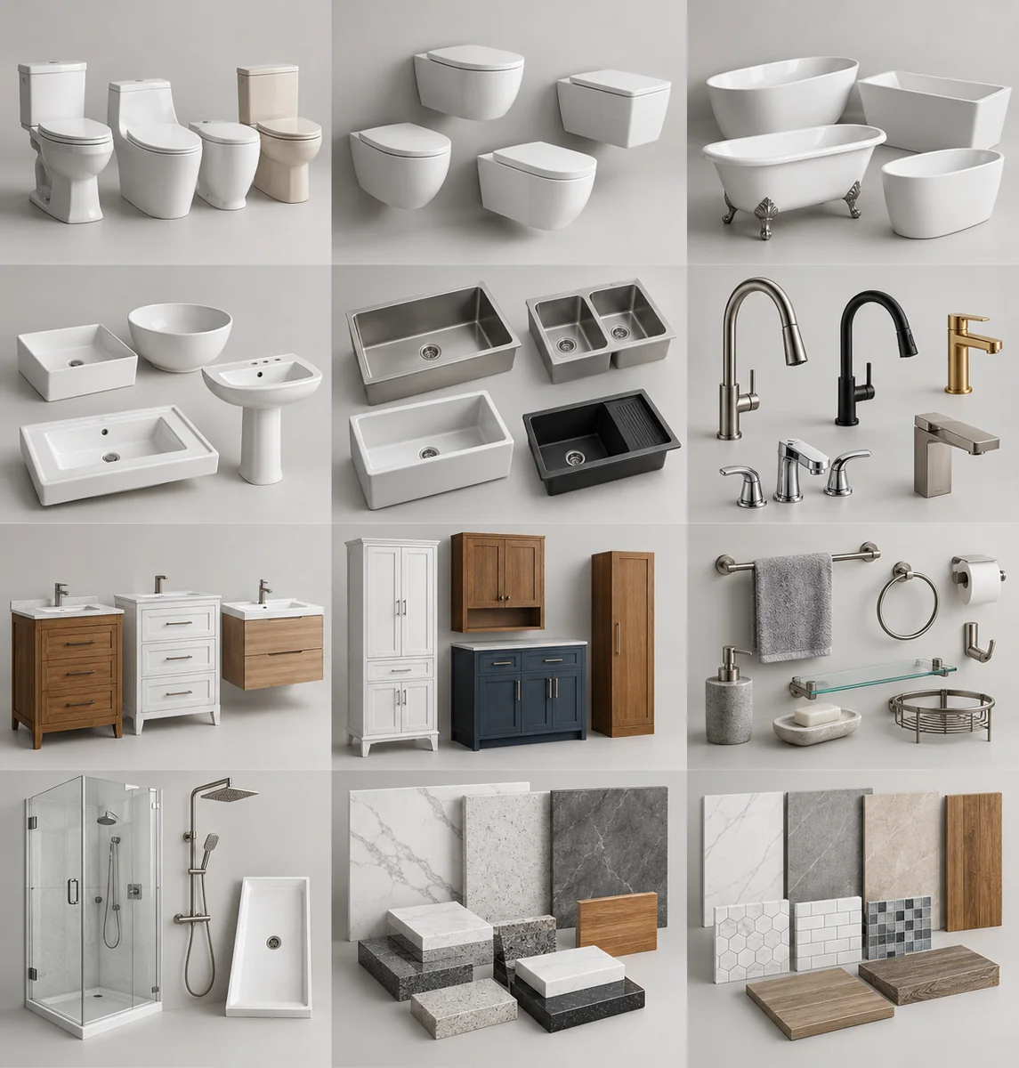 Illustrative assortment of bathroom & kitchen products in multiple sizes and configurations