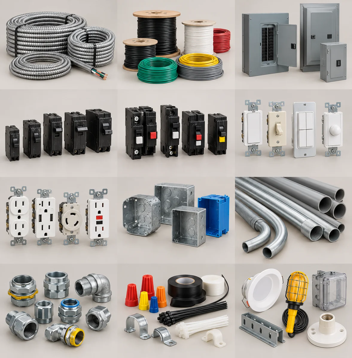 Illustrative assortment of electrical supplies products in multiple sizes and configurations
