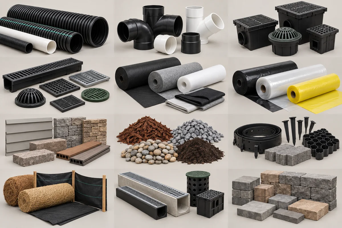 Illustrative assortment of exterior & drainage products in multiple sizes and configurations