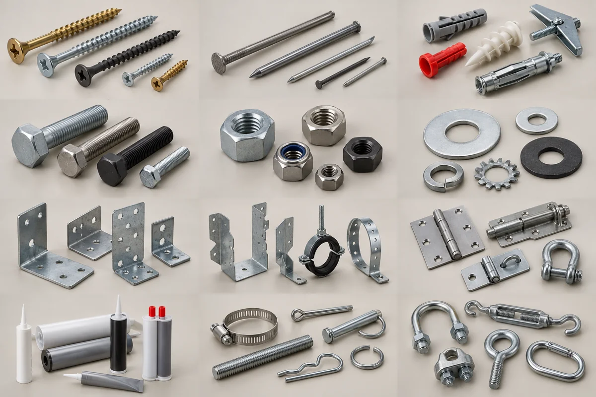 Illustrative assortment of fasteners & hardware products in multiple sizes and configurations