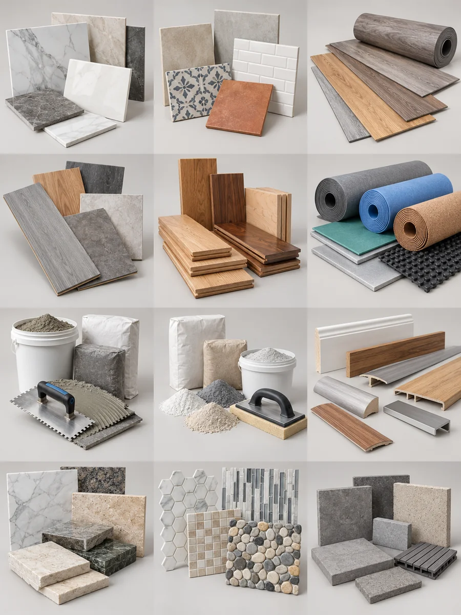 Illustrative assortment of flooring & tile products in multiple sizes and configurations