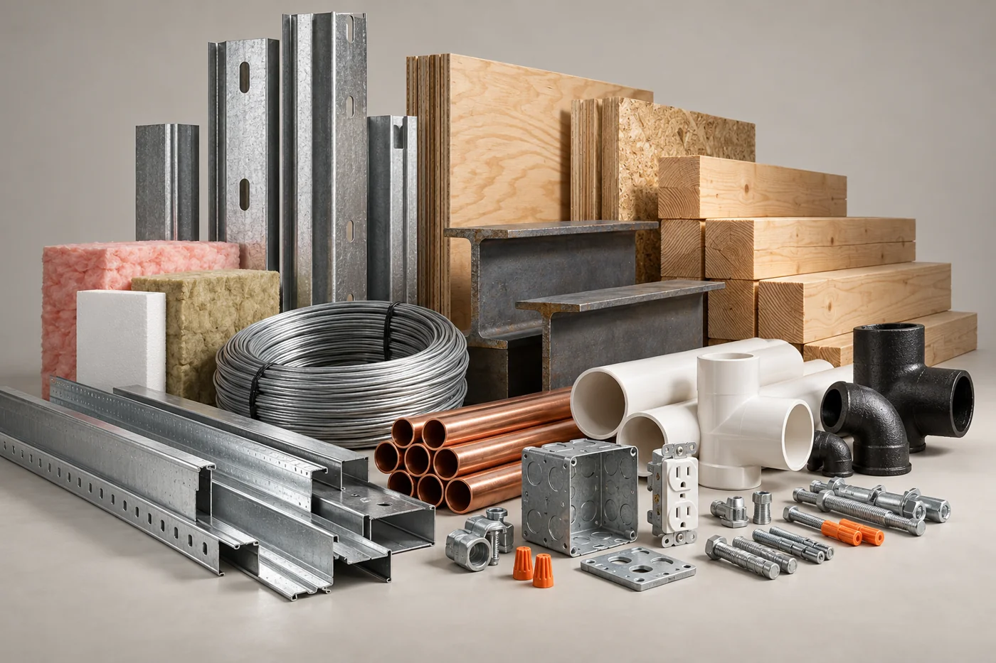 Illustrative studio assortment of steel framing, lumber, pipes, electrical supplies, insulation and building hardware