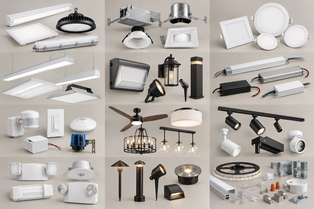 Illustrative assortment of lighting products in multiple sizes and configurations