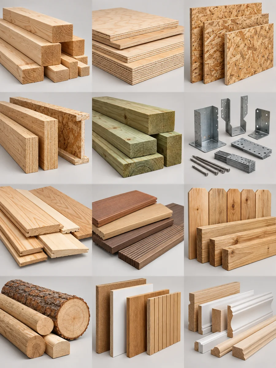 Illustrative assortment of lumber & wood products in multiple sizes and configurations