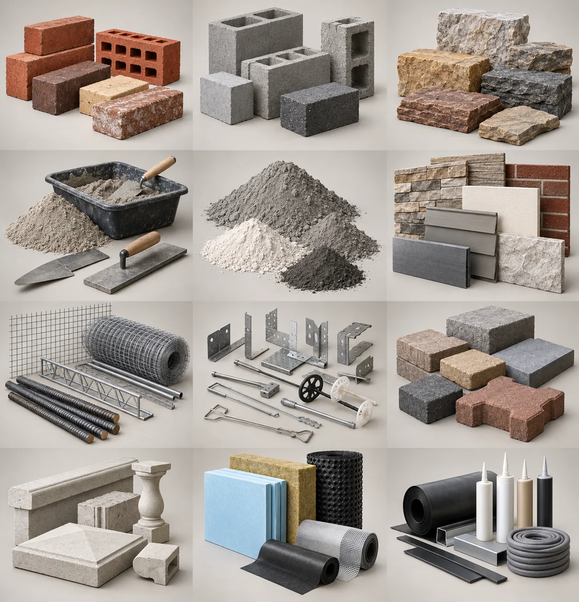Illustrative assortment of masonry & facade products in multiple sizes and configurations