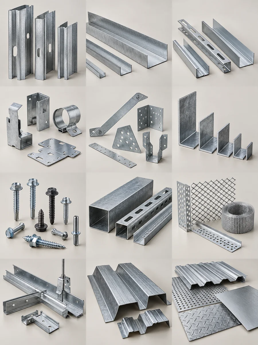 Illustrative assortment of metal framing products in multiple sizes and configurations