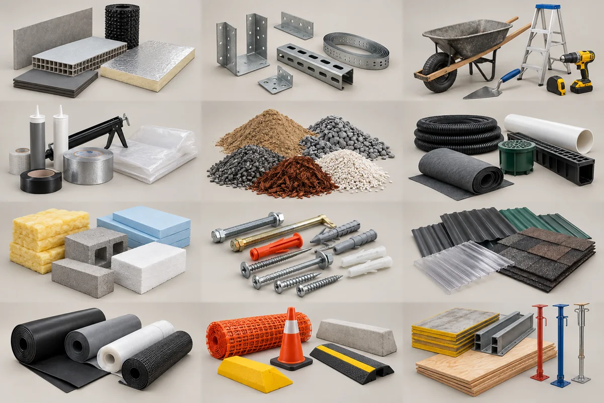 Illustrative assortment of other construction materials products in multiple sizes and configurations