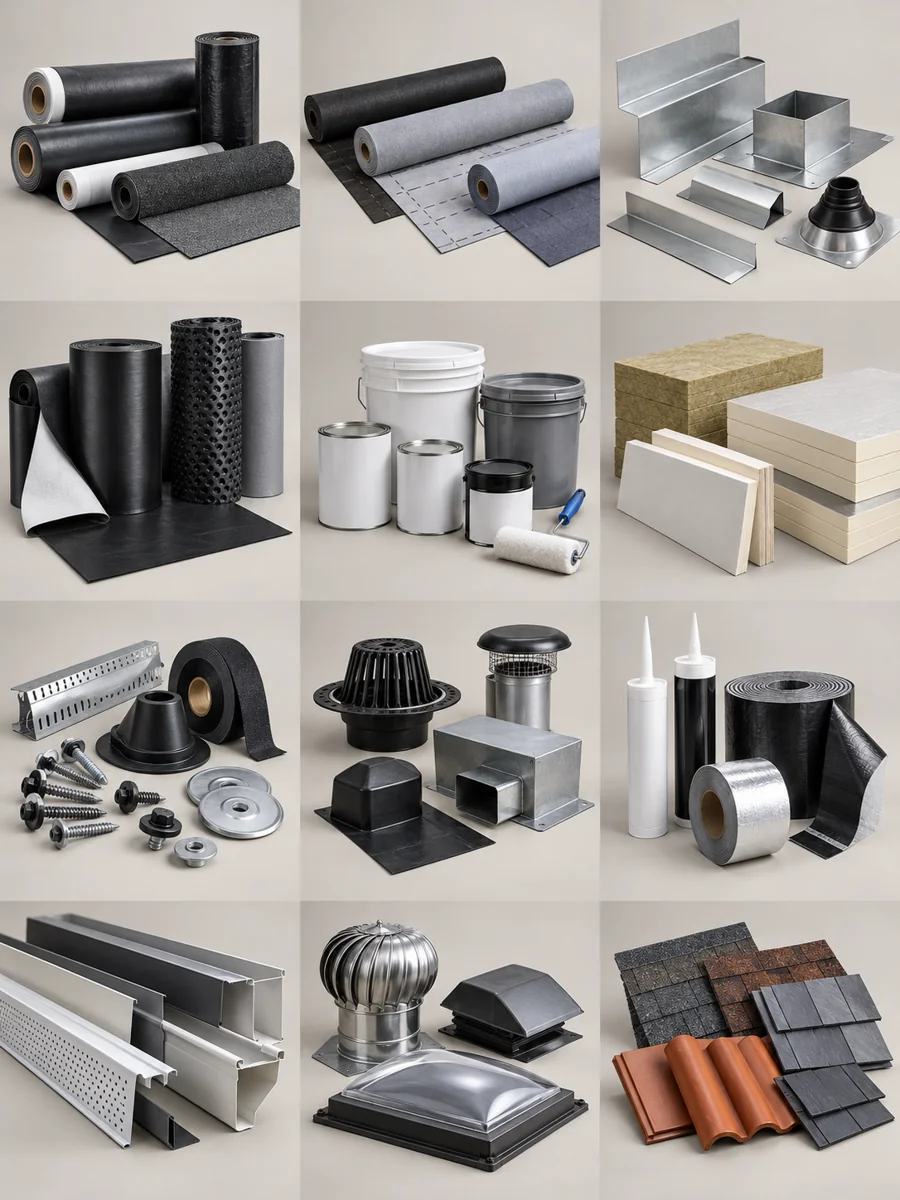 Illustrative assortment of roofing & waterproofing products in multiple sizes and configurations