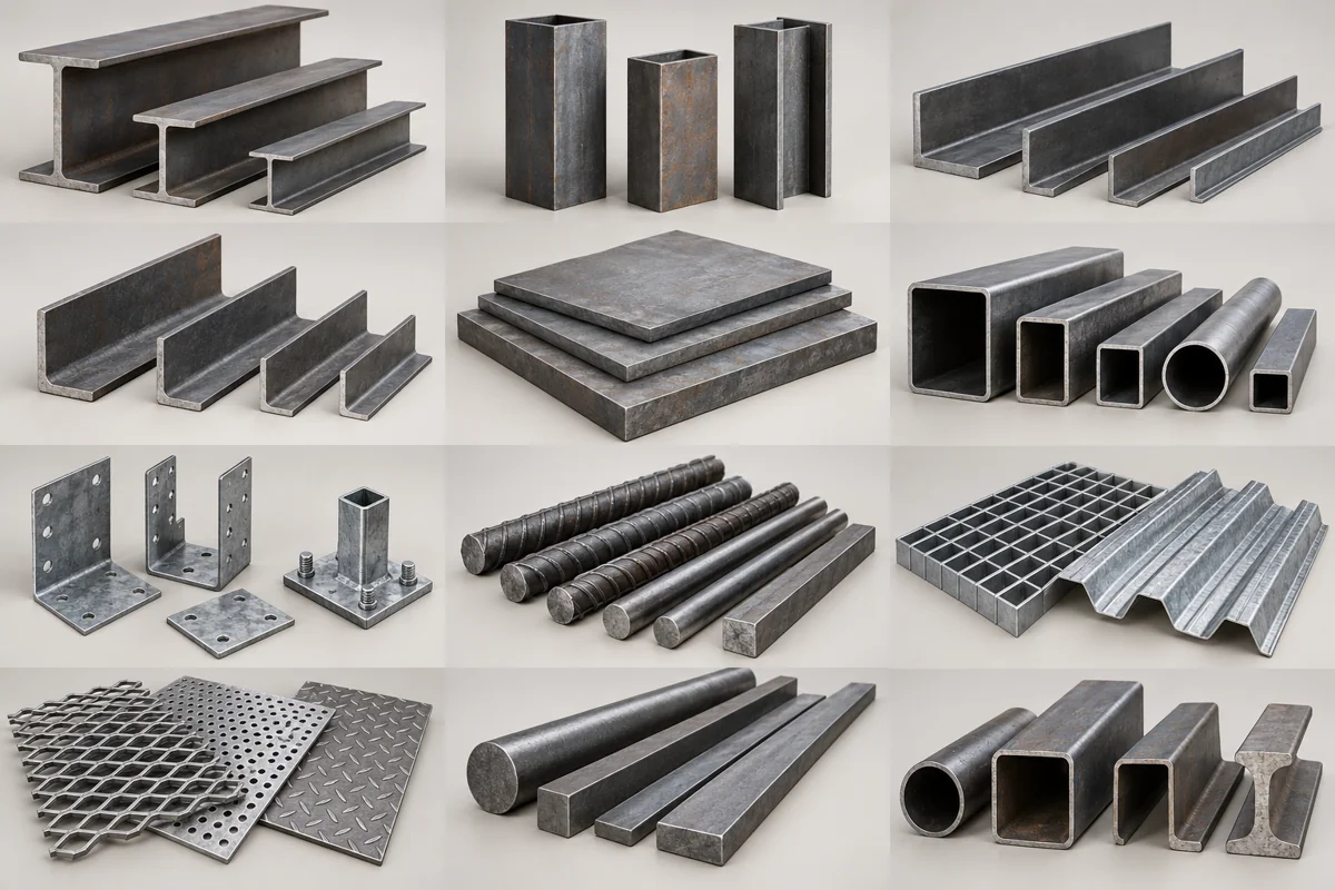 Illustrative assortment of structural steel products in multiple sizes and configurations